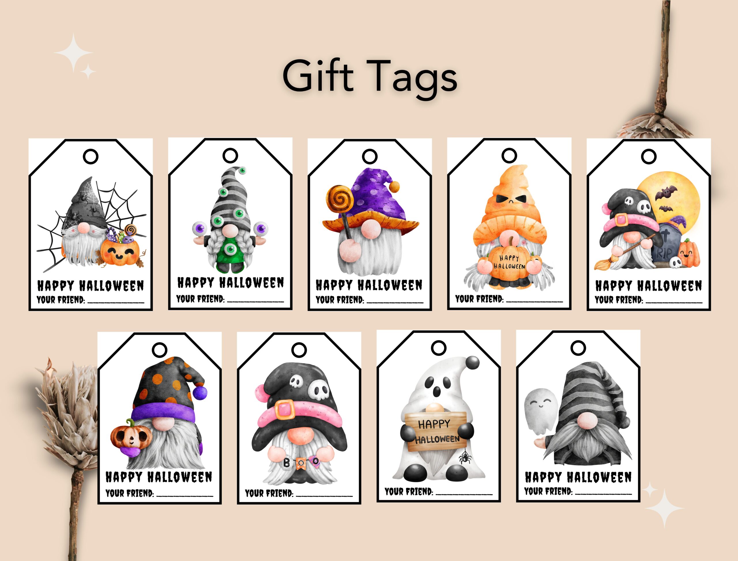 Halloween Gnomes Gift Tags | Cute Printable Tag Set of 9 | Digital Download for Holiday Gifts - Image 2